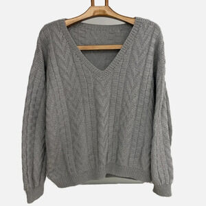 Mens Heather Gray V-Neck Cable Knit‎ Chevron Pullover Sweater Hand Made